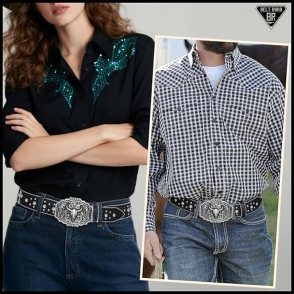 PU Leather Rhinestone Western Belt with Detachable Buckle main image 6